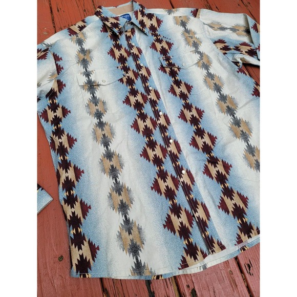 Wrangler Western Brushpopper Shirt Colorful Blue Native Aztex Geometric Size XL - Picture 2 of 8